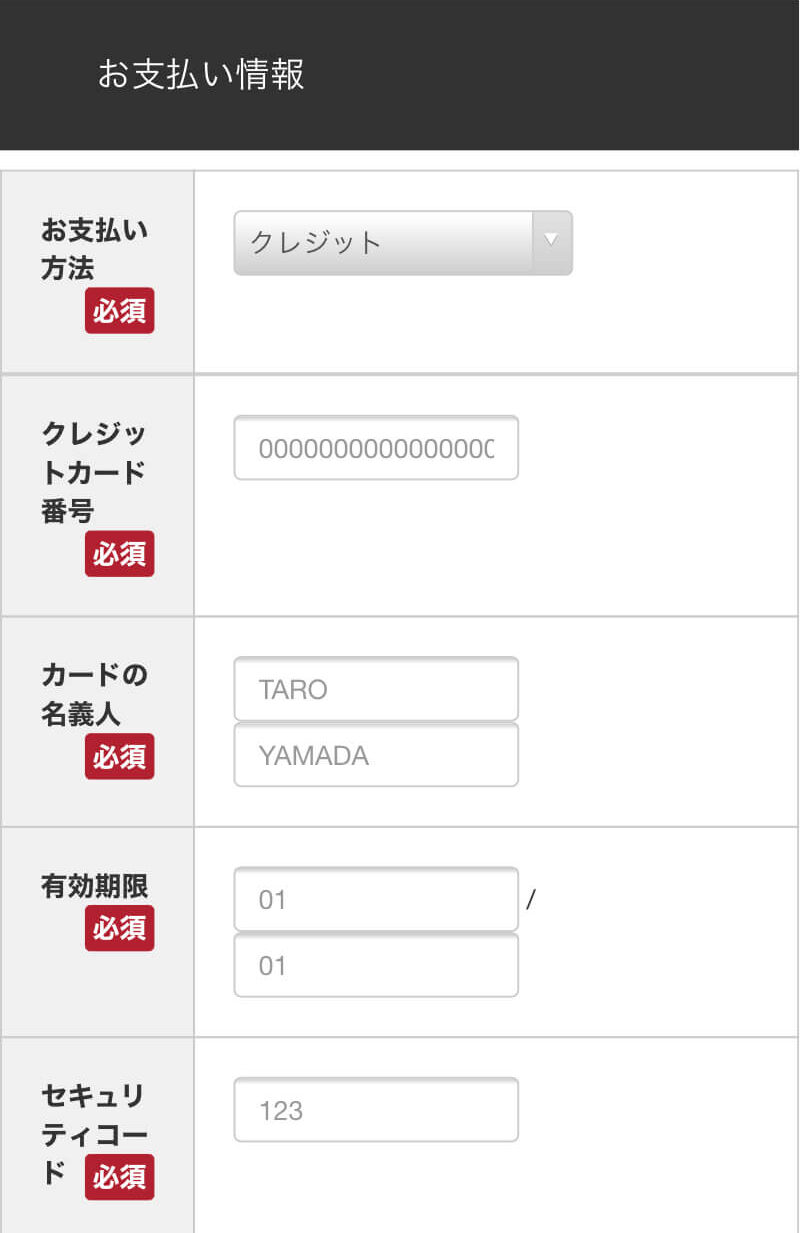 お支払い情報の入力