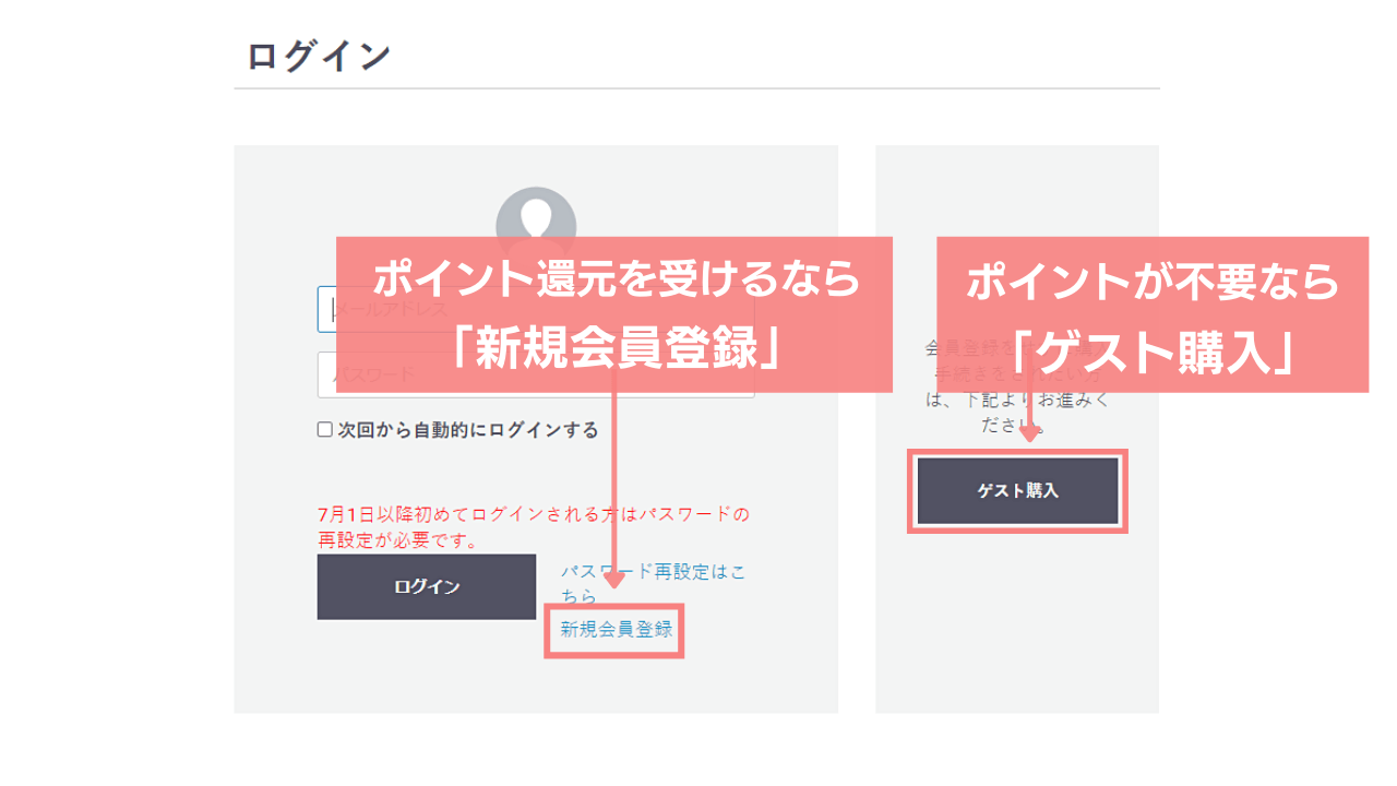 新規会員登録かゲスト購入か選ぶ